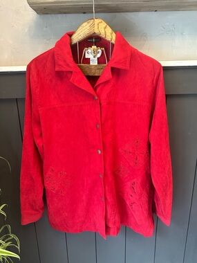 ELCC Vintage Red Suede Feel Button-Up Top Decorative Cutouts sz L